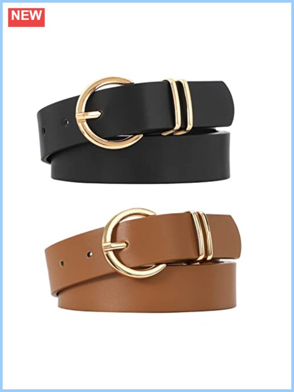 2 Pack Women's Faux Leather Belts with Gold Buckle for Jeans Dresses